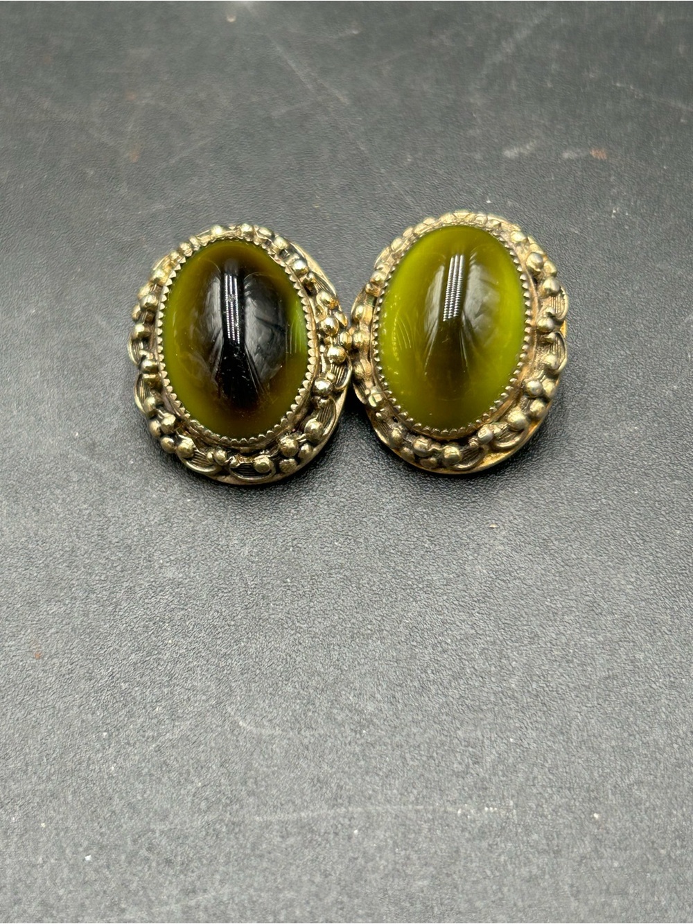 Whiting Davis cats eye Green Glass Cabochon Vintage-Style Clip Earrings
